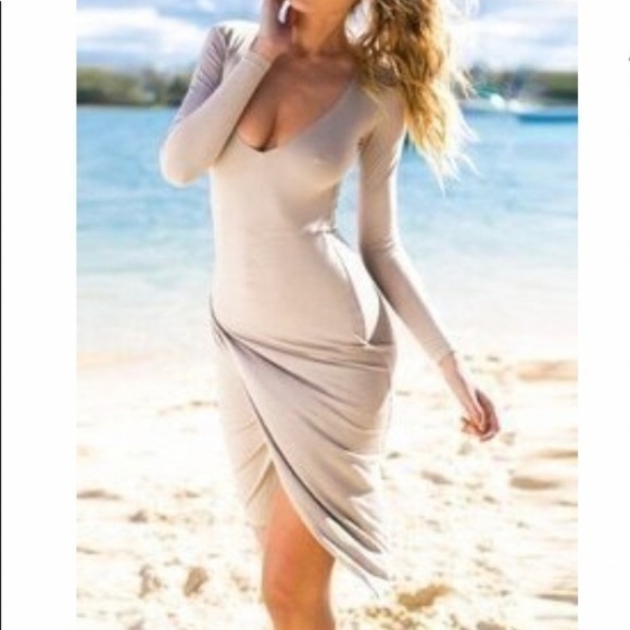 Tan Front Slit Stretch Midi Dress Size Medium - Picture 1 of 8